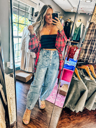 Washed Denim Barrel Leg Pants