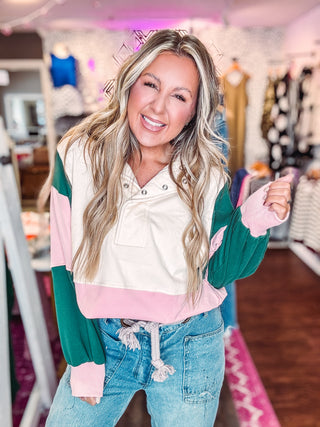 Color Block Snap Button Pullover- Green/Pink