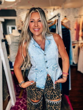 Stepping Out Acid Washed Denim Casual Vest