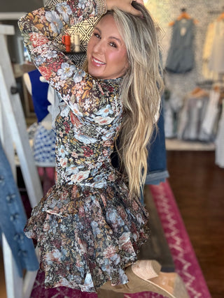 Fall Floral Mesh And Organza Ruffled Mini Dress