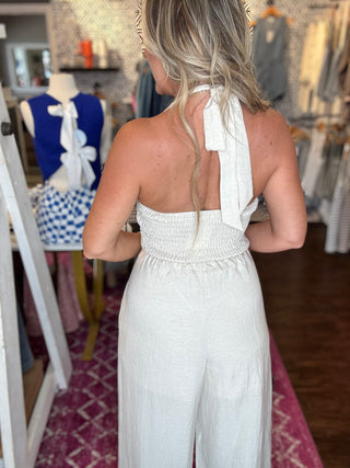 Here For It Wide-Leg Linen Halter Vest Jumpsuit - Oatmeal