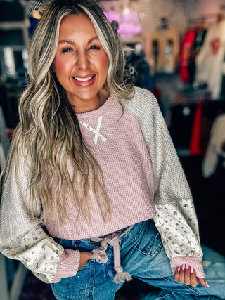 Raglan Sleeve Color Block Textured Knit Top - Pink