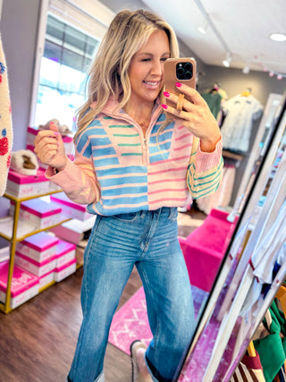 Pop Of Color Half Zip Stripe Sweater-Pink/Blue/Yellow