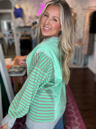 Oversized Striped Sleeve Casual Knit Top-Mint