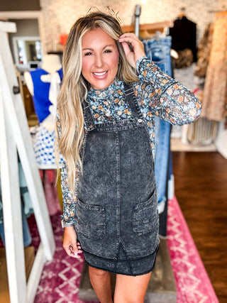 Fresh Start Black Washed Denim Overall Mini Dress