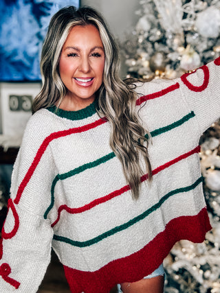 Oversized Knit Bow Detailed Sweater Ivory/Red/Green