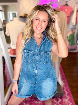 Vintage Wash Denim Romper-Dark