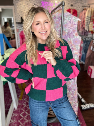 Hunter Green and Hot Pink Checkered Sweater