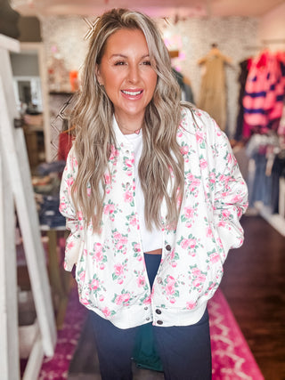 Quilted Pink Floral Print Long Sleeve Bomber Jacket