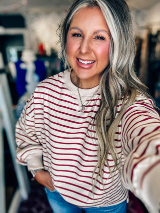 Stripe Comfy Casual Oversized Knit Top-Beige/Brick
