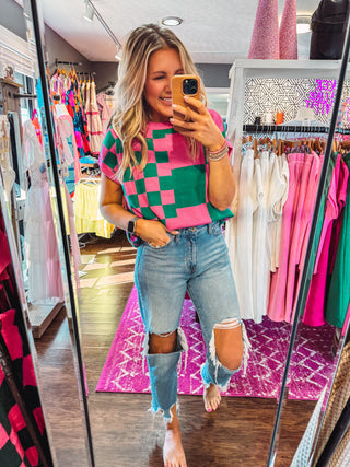 Pink And Green Checkered Sweater Top