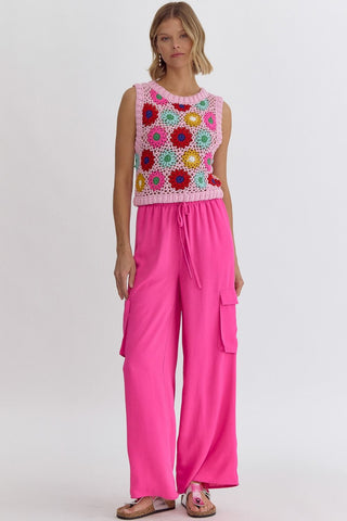Floral Crochet Pink Knit Sleeveless Top