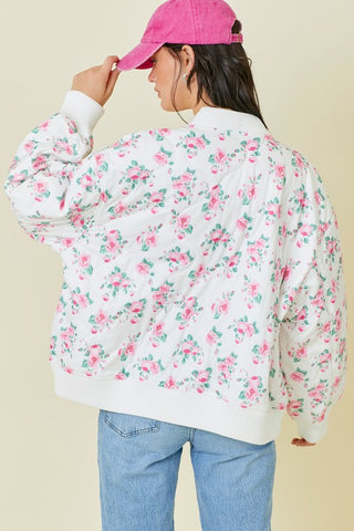 Quilted Pink Floral Print Long Sleeve Bomber Jacket