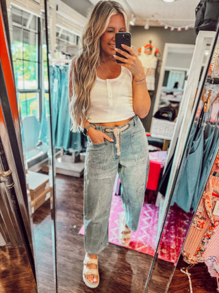 Paint Splatter Button Fly Denim Pants with Braided Belt Detail
