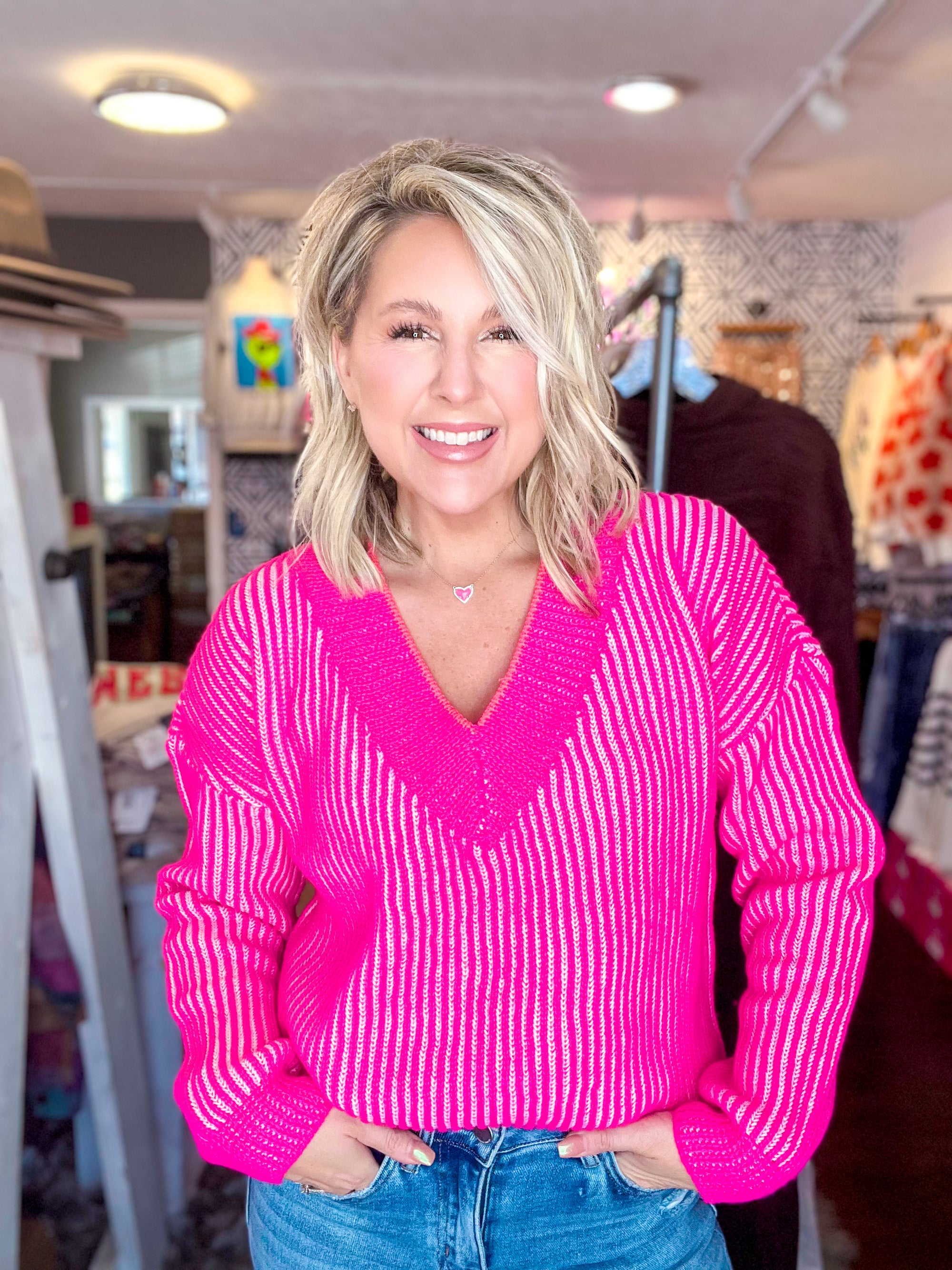 Be The Envy Two Tone Hot Pink V-Neck Sweater