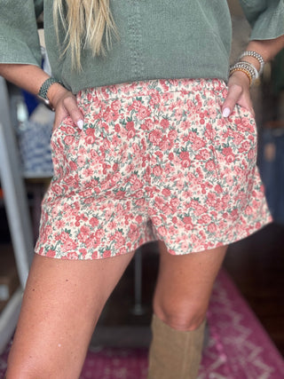 Rose Print Corduroy Shorts