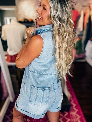 Vintage Wash Denim Romper-Light