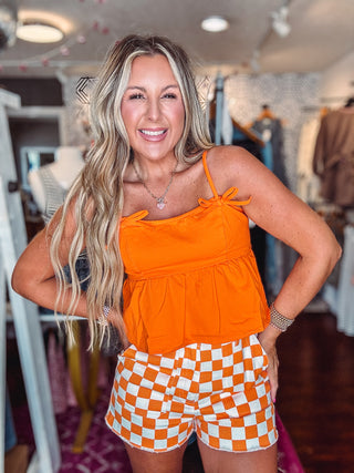 Gameday Orange Bow Peplum Denim Tank Top