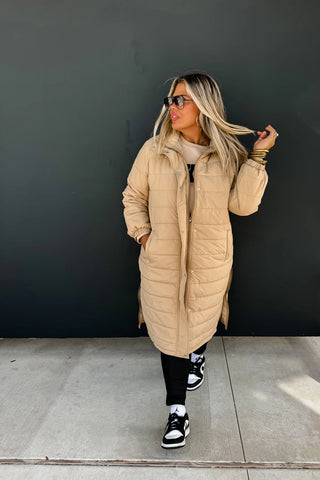 Lennon Long Tan Puffer Jacket Shop Stevies Boutique