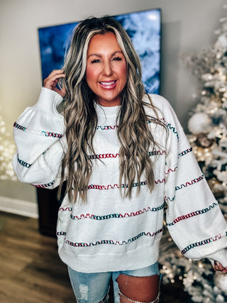 Red and Green Stitch Stripe Sweater