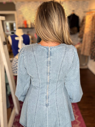 Mineral Washed Denim Seam Detail Mini Dress