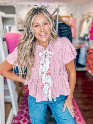 It’s Charming Puff Short Sleeve Ribbon Detail Top-Dusty Rose