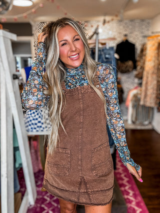 Fresh Start Mocha Washed Denim Overall Mini Dress