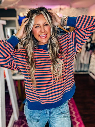 Stripe Comfy Casual Oversized Knit Top-Coral Navy