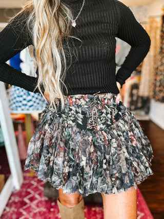 Floral Print Lace Up Pleated Mini Skort - Black