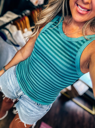 The Daily Stripe Tank Top-Dusty Teal
