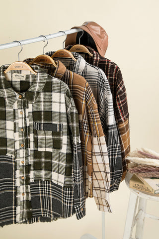 Mixed Plaid Mocha Oversized Casual Shacket Jacket