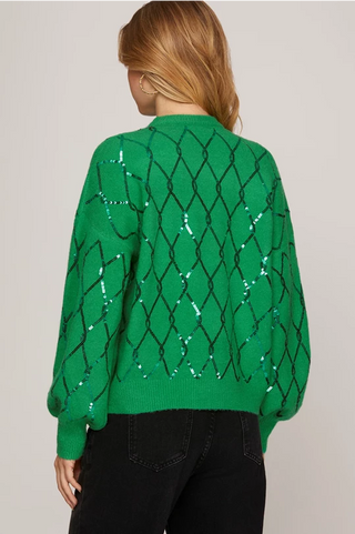 So Sparkly Green Sequin Diamond Pattern Sweater