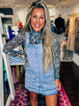Fresh Start Denim Washed Overall Mini Dress