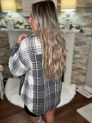 Mixed Plaid Ivory Oversized Casual Shacket Jacket