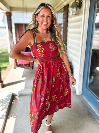 Wedding Guest Wine Floral Midi Dress