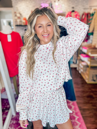 Ivory Floral Printed Ribbed Top And Skort Set