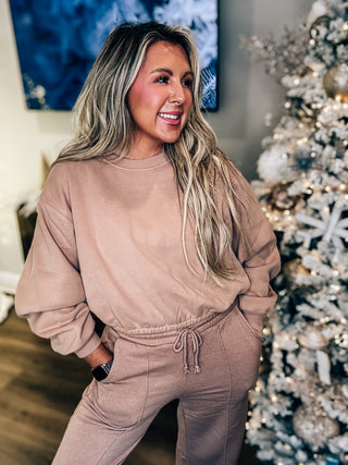 DOORBUSTER Elastic Hem Cropped Sweatshirt-Taupe