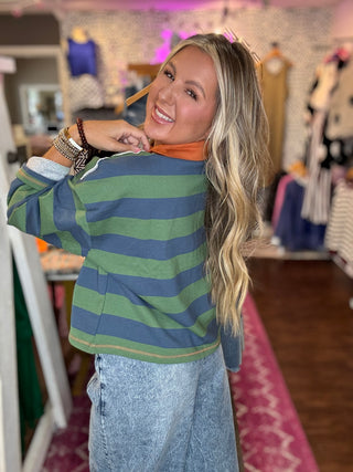 Striped Quarter Zip Collar Sweatshirt - Green/Blue