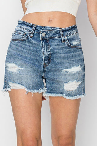 Risen High Rise Side Slit Shorts - Medium Wash