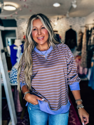 Stripe Comfy Casual Oversized Knit Top-Mocha/Lavender