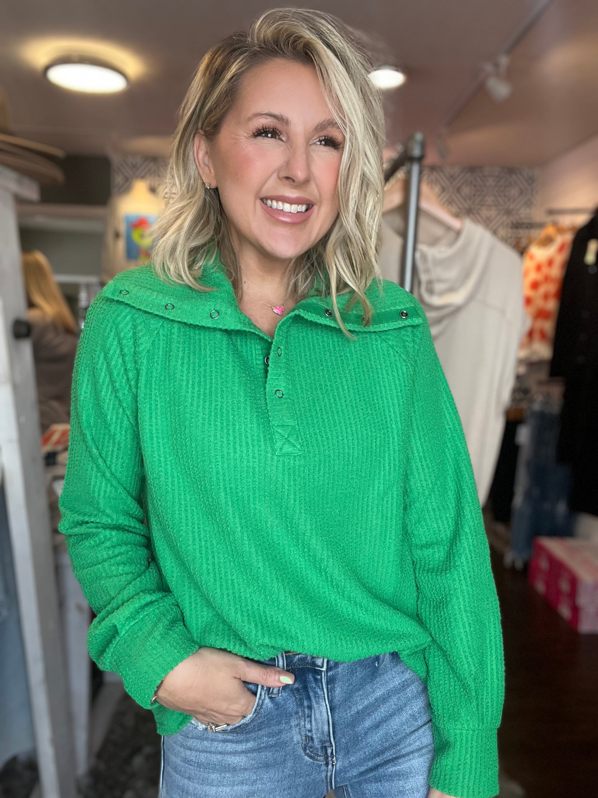 Kelly Green Wide Collar Textured Knit Top