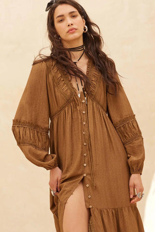 Love Abounds Button-up Balloon-Sleeve Maxi Dress - Chocolate