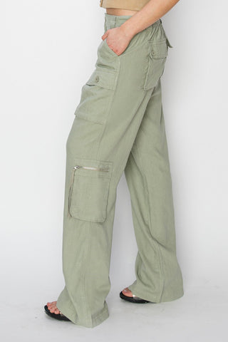 Risen High Rise Sage Straight Linen Cargo Pants