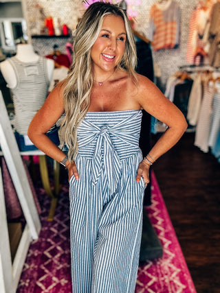 Perfectly Preppy Black Seersucker Stripe Jumpsuit