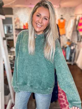 Oh So Soft Dark Green Acid Wash Pullover