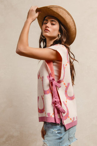 Horseshoe Pattern Side Bow Detail Sweater Vest - Pink