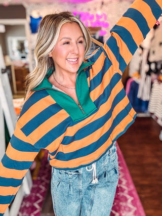 Striped Quarter Zip Collar Sweatshirt - Navy/Camel