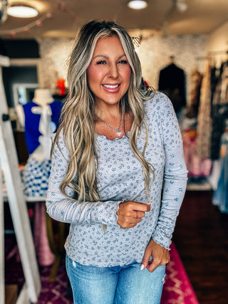 Grey Floral Printed Lettuce Hem Fitted Knit Top