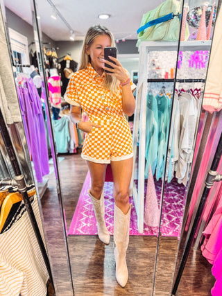 Saturdays At Neyland Orange And Tan Checkered Romper