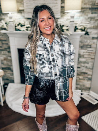 Mixed Plaid Ivory Oversized Casual Shacket Jacket